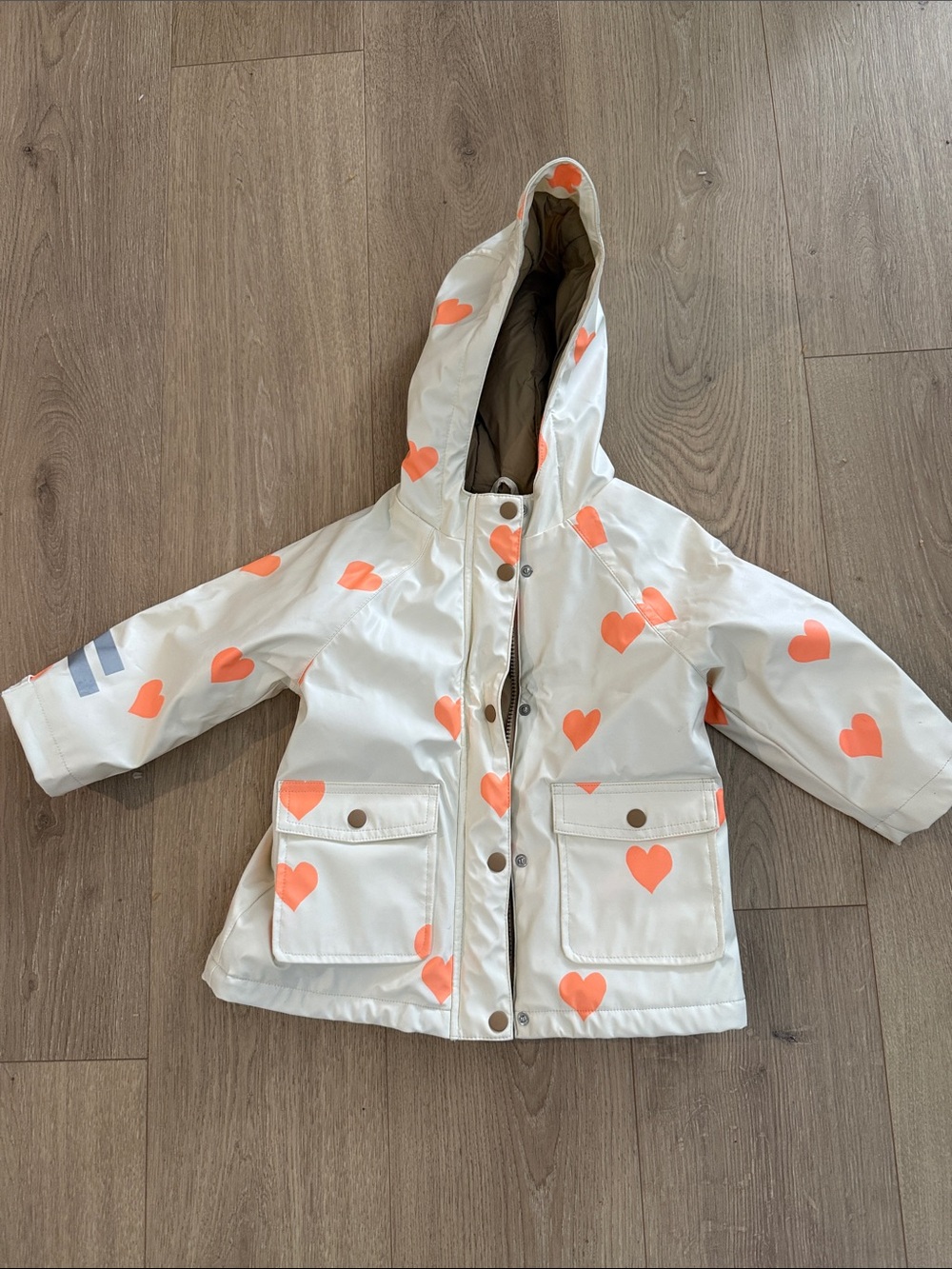 Zara Kids Cream Hooded Puffer with Tan Interior and Orange Dot Accents